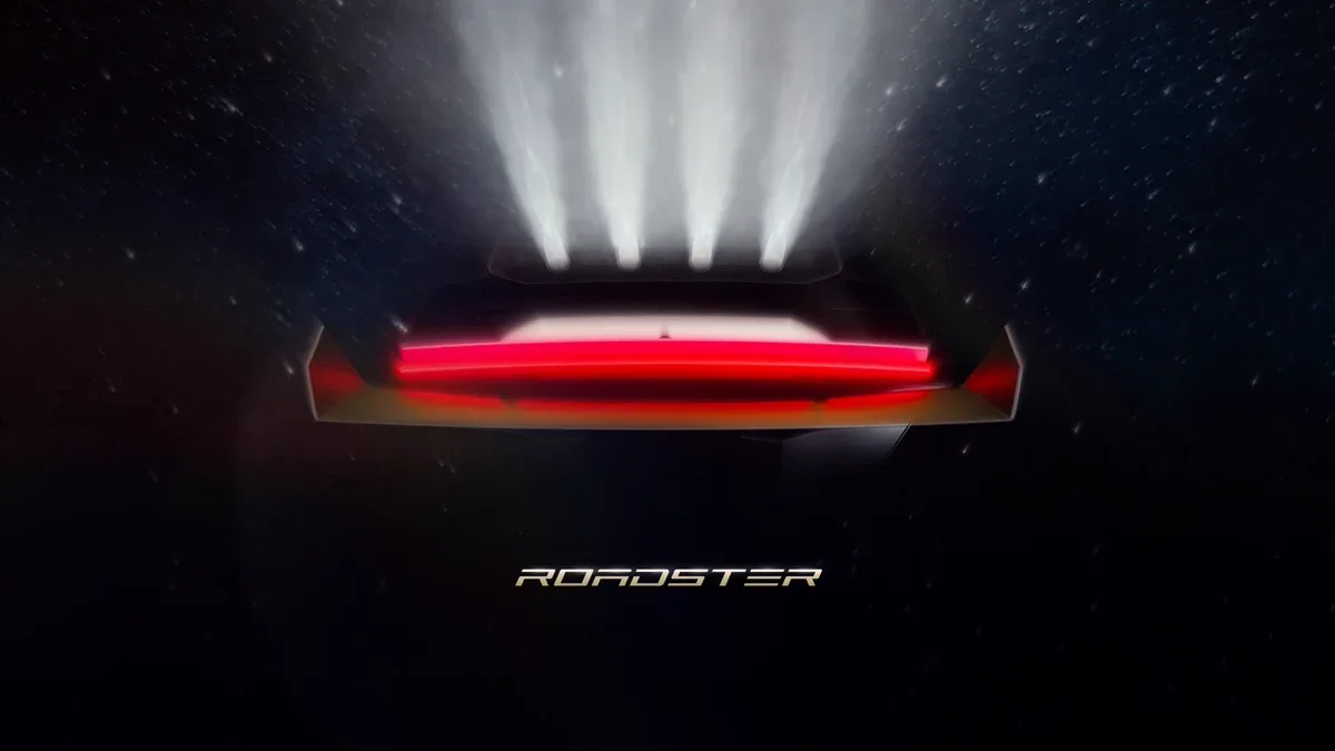 Tesla Roadster event artwork showing the rear of the car, a red light bar and four bright plumes above it.